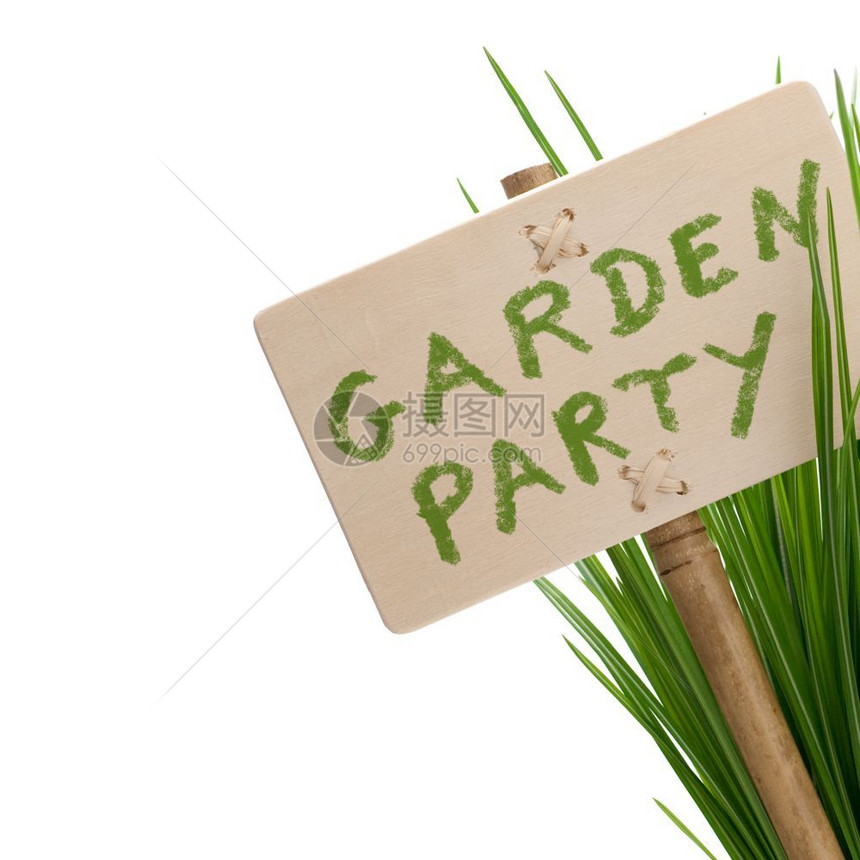 喜庆的花园派对邀请卡一个木板面用绿色计划在白背景与绿化计划隔离邮政夏天图片