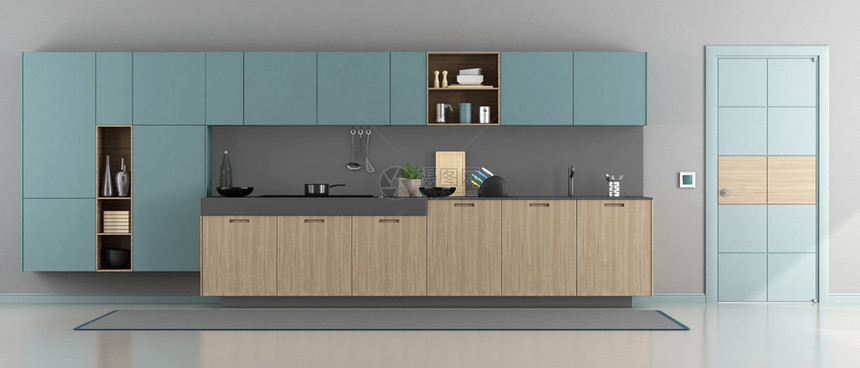 清蓝灰色最低程度的现代厨房3D级改造工程内阁现代的木头图片