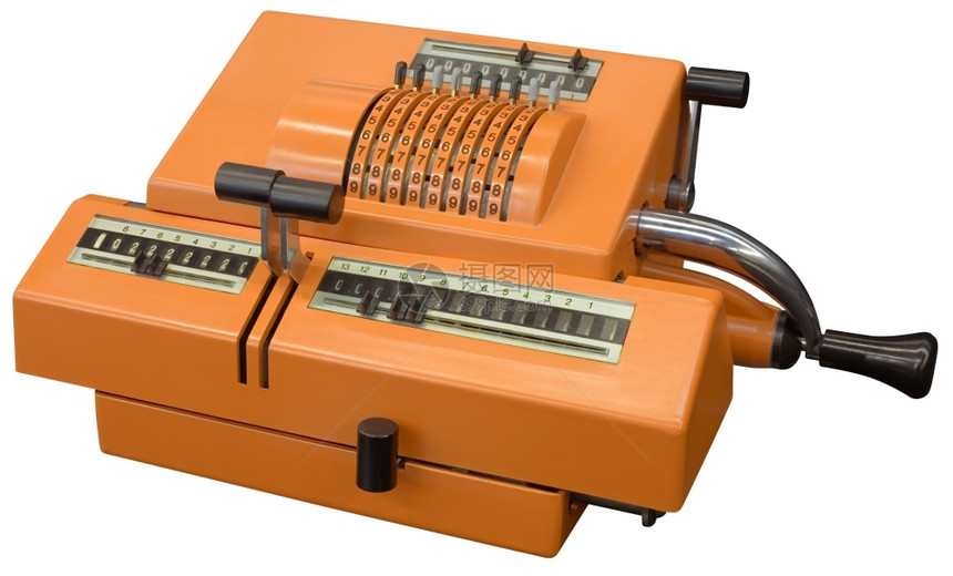 柜台处理技术与剪切路径隔离的老橙色手工计算器图片