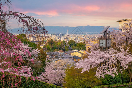 在日落的光季节在仓期间旧城京都关西樱花建筑学图片