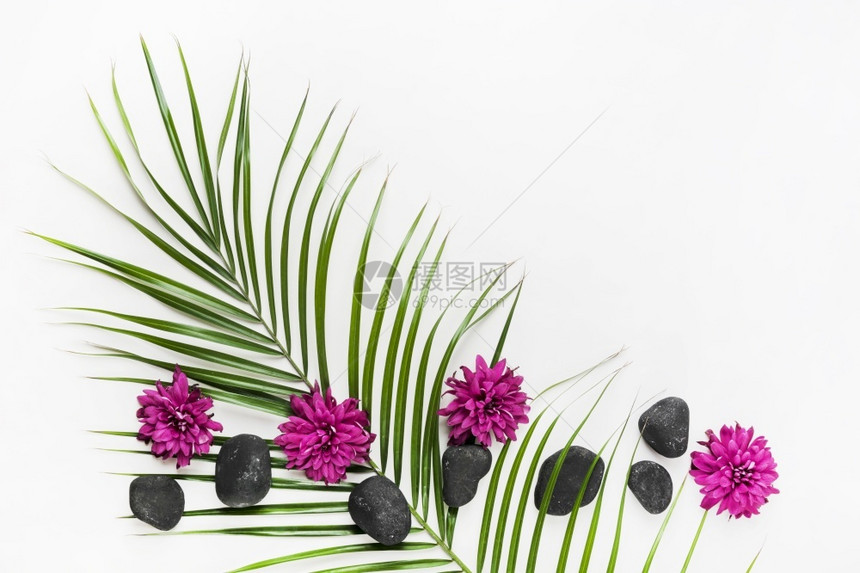 高的坚果装饰用棕榈叶和花的朵制成装饰温泉图片
