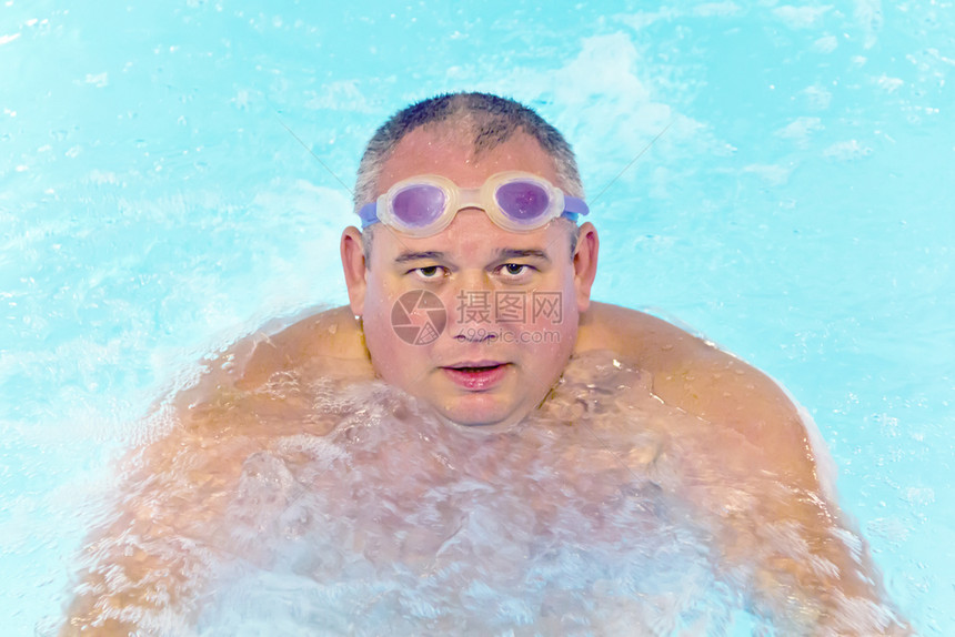 身体游泳的水平池中大胖子的肖像图片