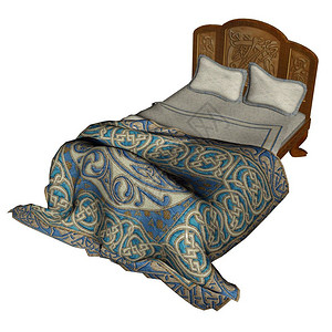 古老的装饰风格优质带毯子和枕头床铺在白色背景中隔离3D图片