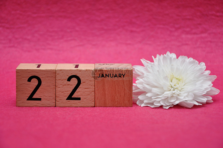 1月2日用粉红背景的白箭头木制板块一月季节立方体图片