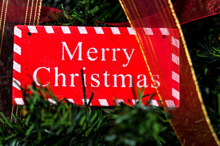 散景丰富多彩的卡片圣诞快乐标志挂在圣诞树上图片