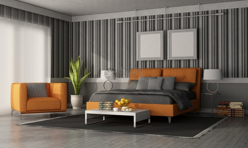 桌子地毯公寓灰色和橙现代卧室有双床手椅和墙纸壁3D制成现代卧室双床和手椅图片