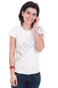 微笑着的随意女人在电话上说孤立在白色背景女士称呼聪明的图片