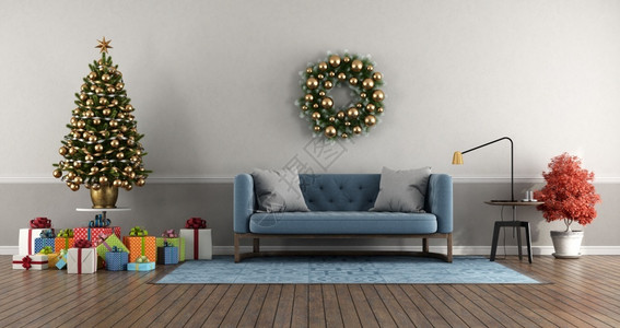 古典式客厅圣诞树配有丰富多彩的礼物和蓝色沙发3D制作经典式客厅配有礼品的圣诞树客厅墙金的灯背景图片