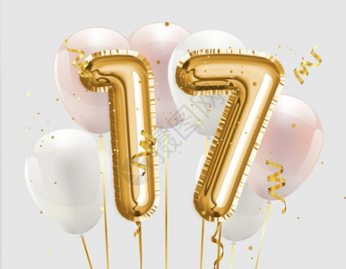 金典口味派对闪亮的17岁生日快乐金宝石气球贺卡背景17周年纪念标志模板第17次以彩蛋照片库存庆祝第17次典设计图片