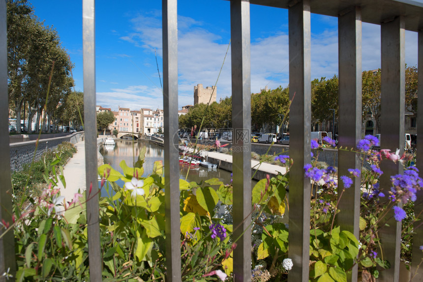 法国Narbonne市集日桥上有鲜花中心朵镇图片