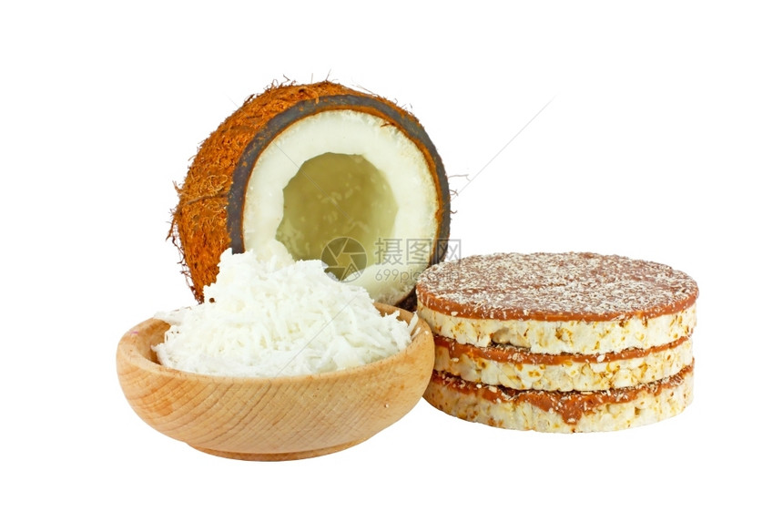 棕色的水果椰子与餐和白纸面包隔离在色上异国情调图片