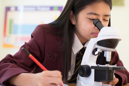 学生托管班科学志向理班中统一使用显微镜女学生班级背景