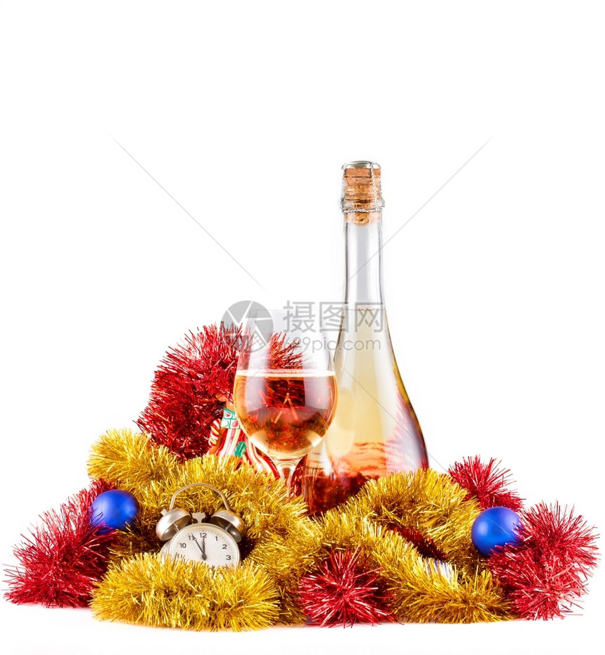 金子颜色圣诞香槟和在白色背景上孤立的观光圣诞节香槟和观光人类图片