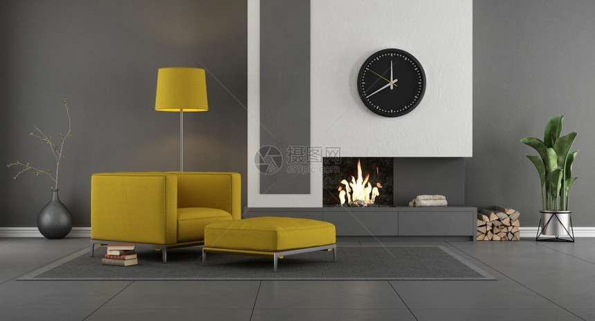 灰色和黄现代客厅有壁炉和手椅3D制成灰色和黄现代客厅与壁炉黄色的房间植物图片