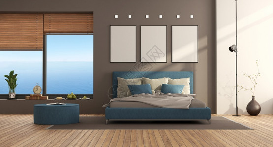 双闪灯软垫渲染蓝色和棕现代卧室有双床和大窗户3D制成蓝和棕色现代卧室脚凳设计图片