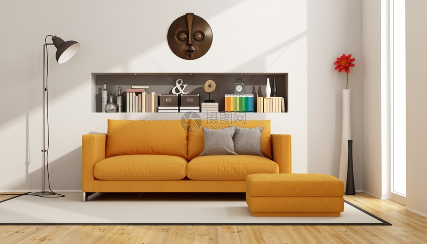 镶木地板植物墙现代客厅有沙发脚凳和书本及物品的合适位置3D图片