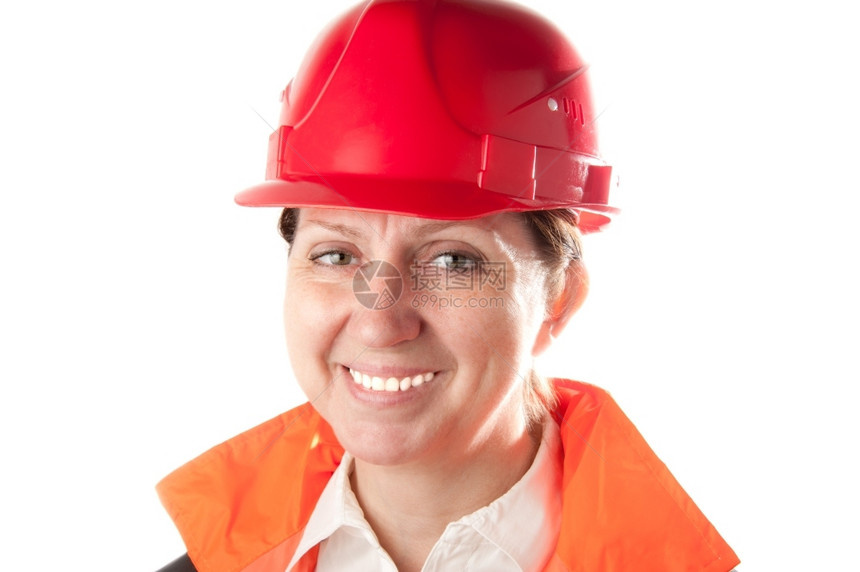 女士微笑穿着红色头盔和工作服的白人成年妇女种背景被孤立工程师图片