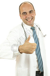 黑色的领带医生在白色背景上使用拇指男人图片