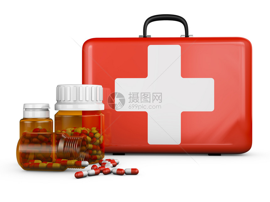 红色的健康事故一个红色手提箱在瓶子和药丸旁边有一个3D制成图片