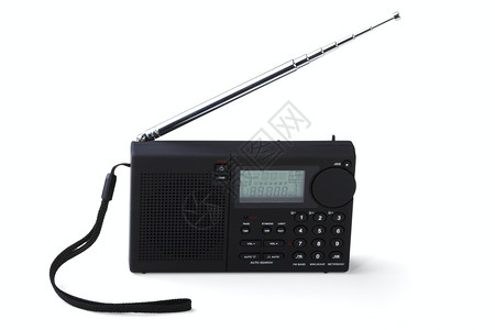 娱乐带警报扩音器的便携式无线电收音机在白色背景上隔离便携的按钮图片