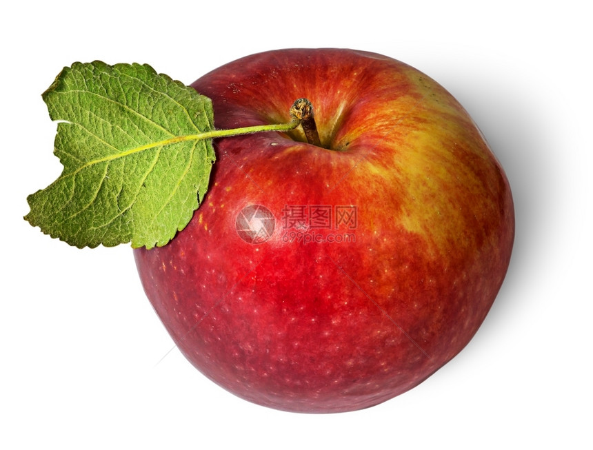 颜色卡路里红成熟苹果白背景上隔绝绿叶顶视图饮食图片