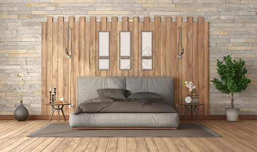 现代卧室双人床靠在木板和石墙上3d渲染现代卧室双人床靠木板地面室内植物硬木背景图片