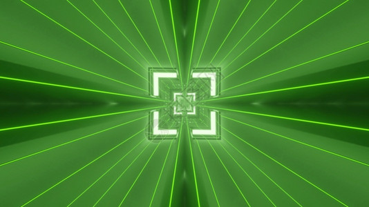 绿心黑豆抽象的菲无尽3d插图光像幻象抽背景设计绿色cciFi门户以白方形中央和荧光线为心绿方隧道3d设计图片
