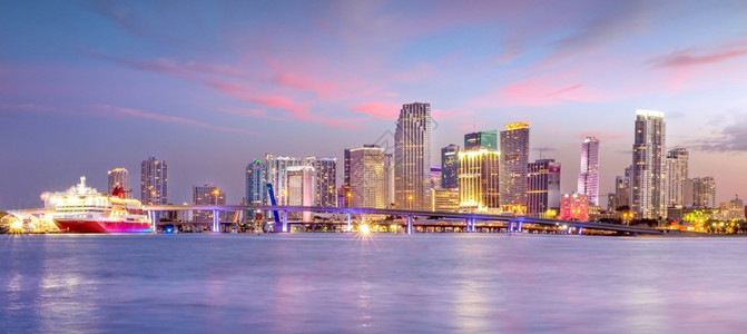 与城市摩天大楼和桥梁在黄昏时的迈阿密市天线全景著名的暮目地图片