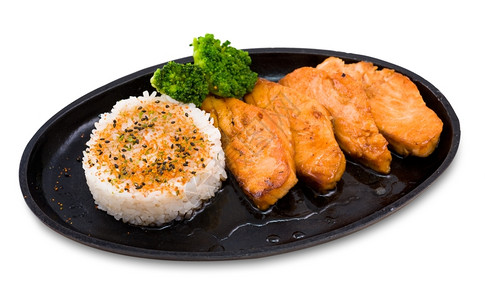 大片烤鲑鱼被米吞食褐变物平底锅图片