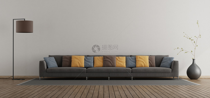 植物拥有大沙发和丰富多彩的坐垫小型客厅3D使最小型客厅与大沙发内部的木头图片