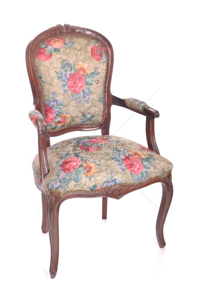 服装质地白色的背景上孤立的美丽古董加盖椅图片