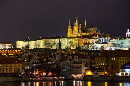 晚上的老布拉格市风景伏尔塔瓦河反射硬核背景图片