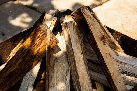 炙烤篝火贮存为烧准备的被粉碎木柴图片