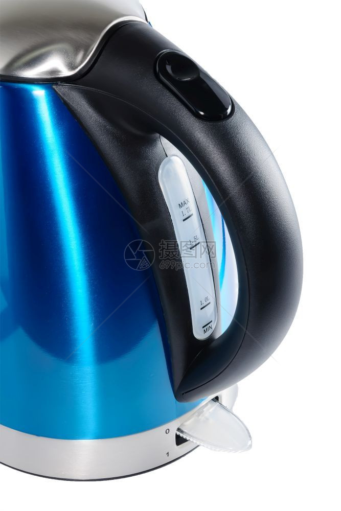 按钮漆成蓝色的不锈钢用白底色背景的不锈钢罐装有黑色塑料柄的无线电壶白色防锈图片