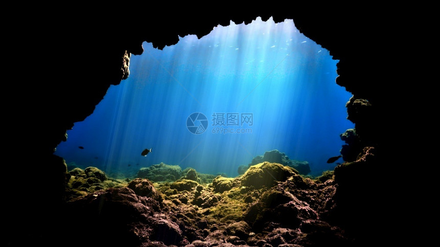 来自水下洞穴的光线美丽鱼阳图片
