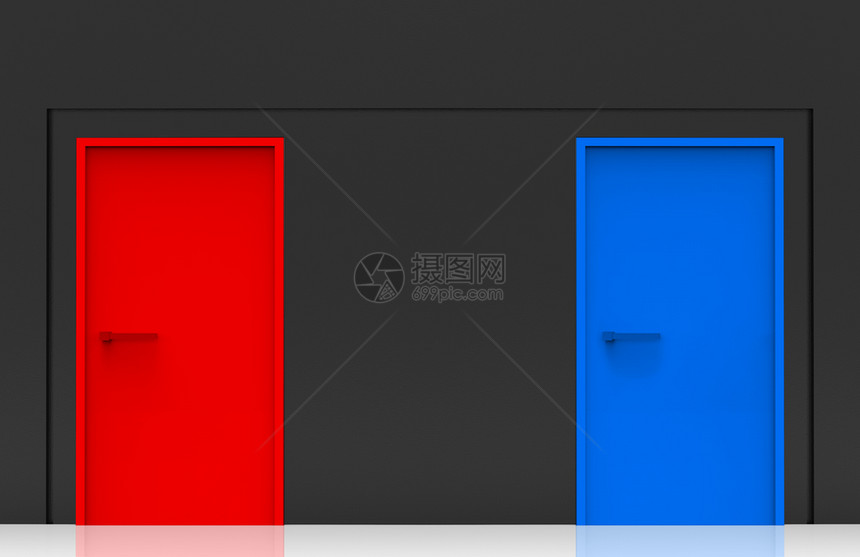 入口石工3d将蓝门和红色放在黑水泥墙上的背景变为选择或未来概念的两种选择白色图片