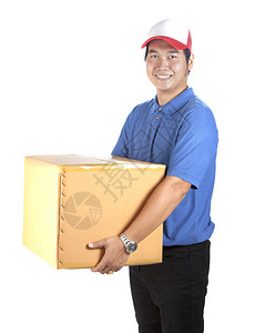 持有纸箱集装隔离白背景的色面罩和手持纸箱航运工人专业的图片