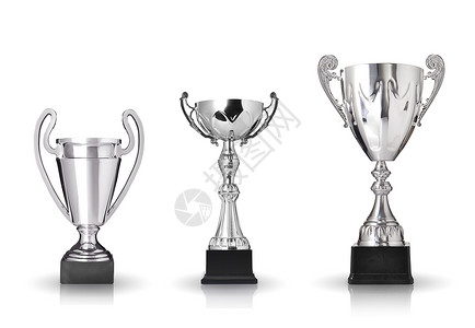 银色立体奖杯三种不同类的银奖杯孤立在白色背景上胜利金属的赢背景