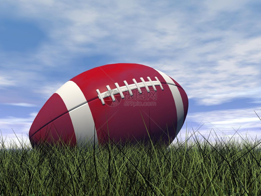 绿色草地上的红白橄榄球由美丽的白天橄榄球3D制成竞赛转换邮政图片