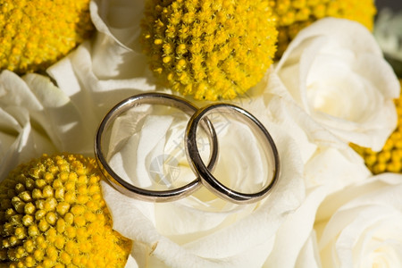 婚礼订在温暖的太阳光照耀下新娘花束上结婚戒指的细节蜜月图片