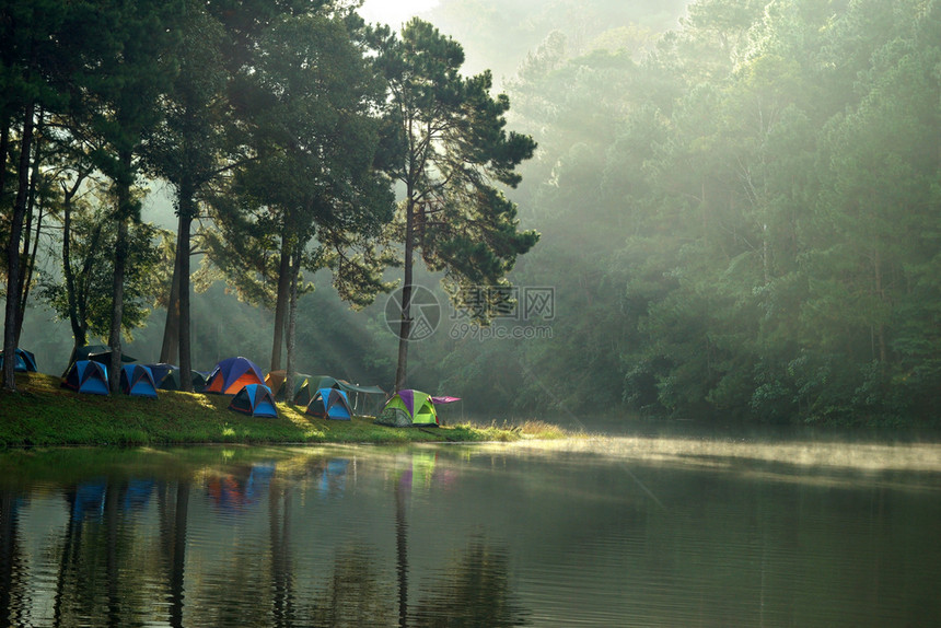 户外背包旅行美丽的景观在湖附近露天营地的帐篷阳光照耀水上喷雾绿色图片