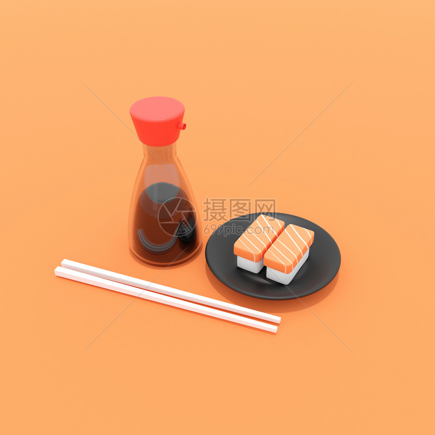 可爱的艺术美食3D插图三维在黑小盘上用筷子和酱油瓶橙色背景三维卡通投影的鲑鱼寿司图片