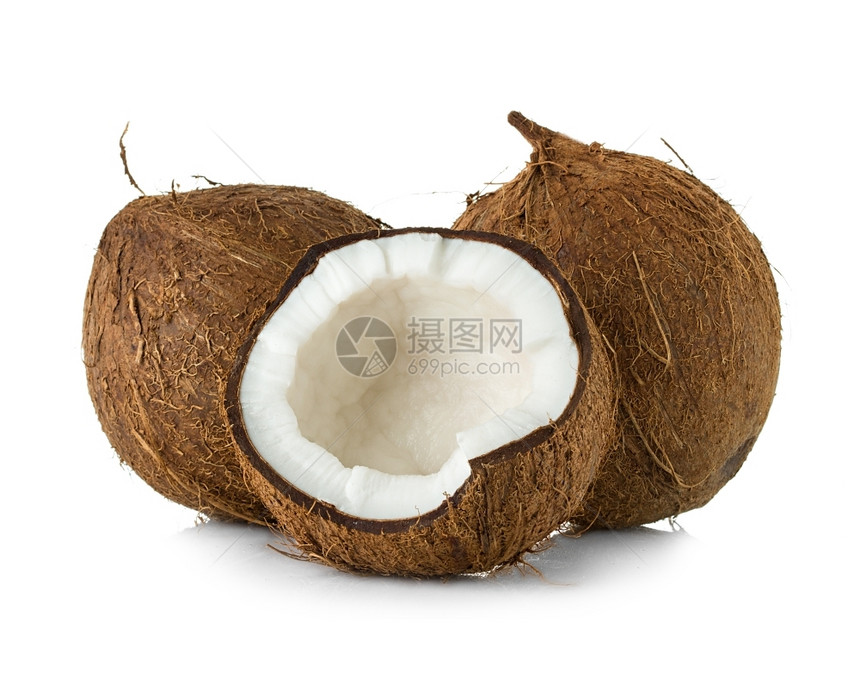 新鲜圆形的质地白色背景上孤立的椰子可核图片