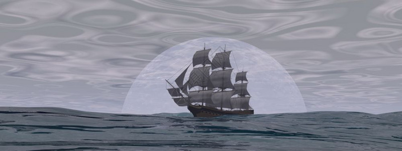 古商船优质的古老旧商船在月亮前海洋上的月亮云雾一天3D变成旧商船3D老的设计图片