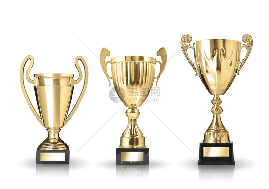 成功三种不同类的金奖杯孤立在白色背景上商业目的图片