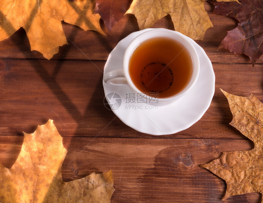 茶叶和放在木制桌子上有窗口的阴影颜色一种季节图片