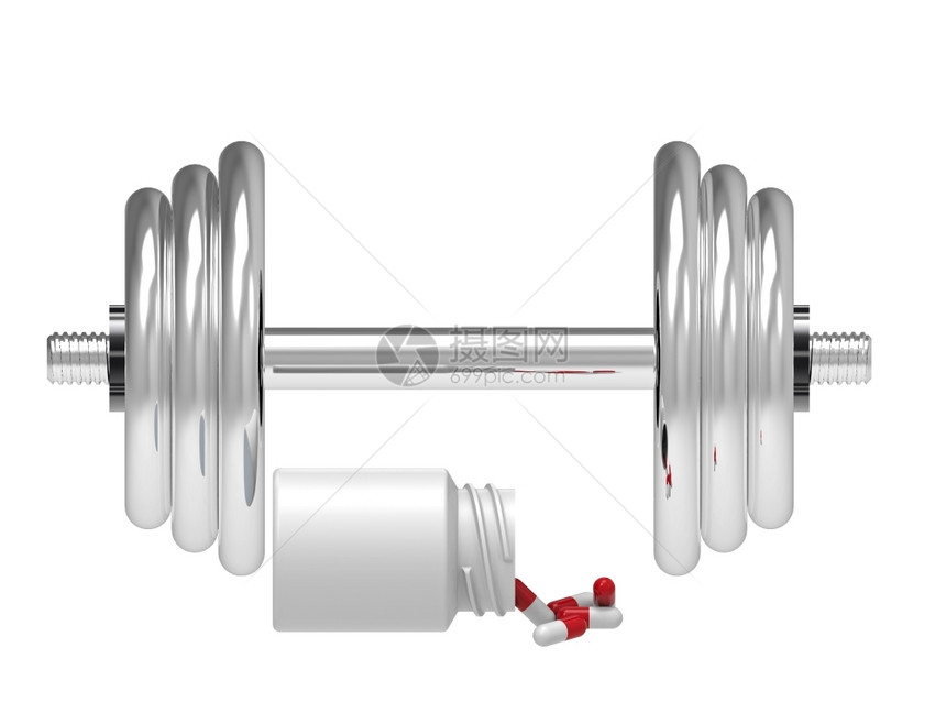 白色的装有药瓶哑铃白色背景3D造型健康光盘图片