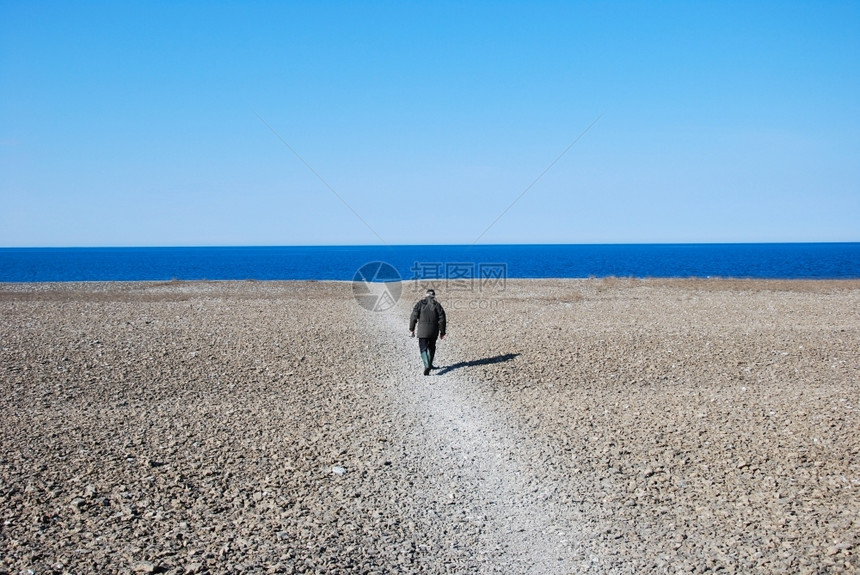 复制库尔曼字段一个男人在春天去瑞典岛奥兰的海滩上玩图片