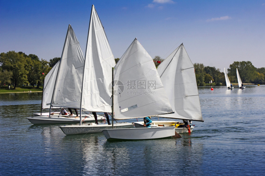 海洋横倾晴天在湖边许多小白船的运动中航行图片