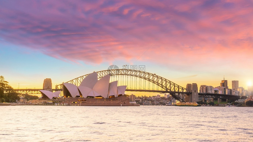 建筑学目的地天空澳大利亚悉尼市中心的天际线从日落时的顶视图图片